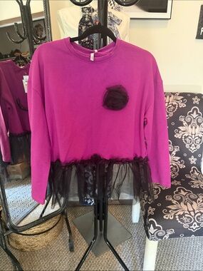 Anna Sui Girls Magenta Sweatshirt with Black Tulle Hem